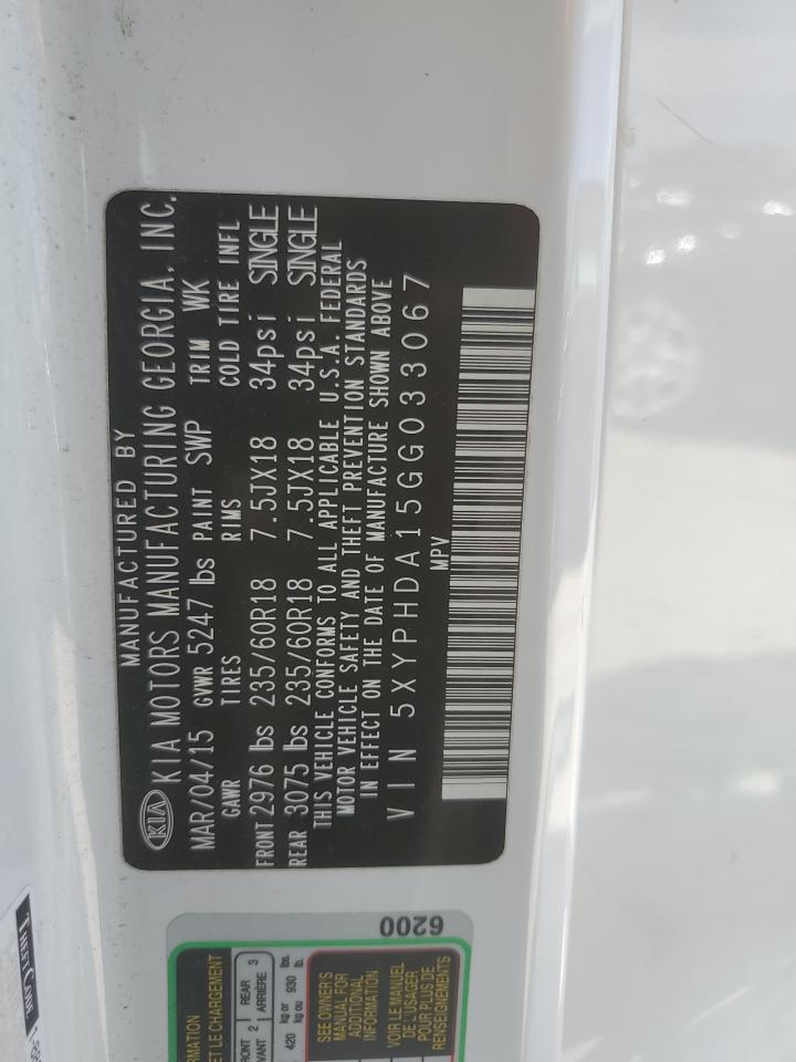 2016 Kia Sorento Ex VIN: 5XYPHDA15GG033067 Lot: 70780425
