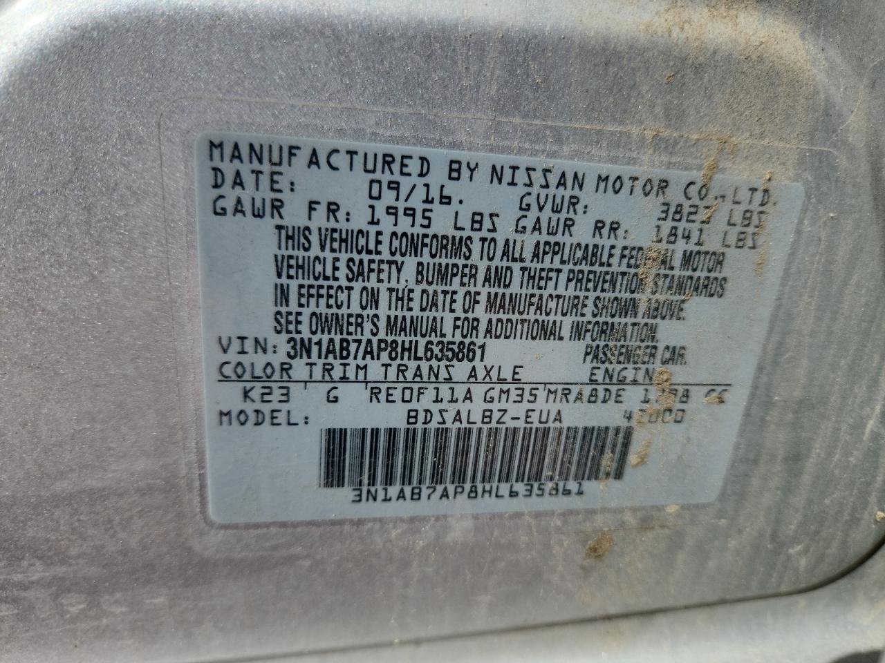 2017 Nissan Sentra S VIN: 3N1AB7AP8HL635861 Lot: 71124975