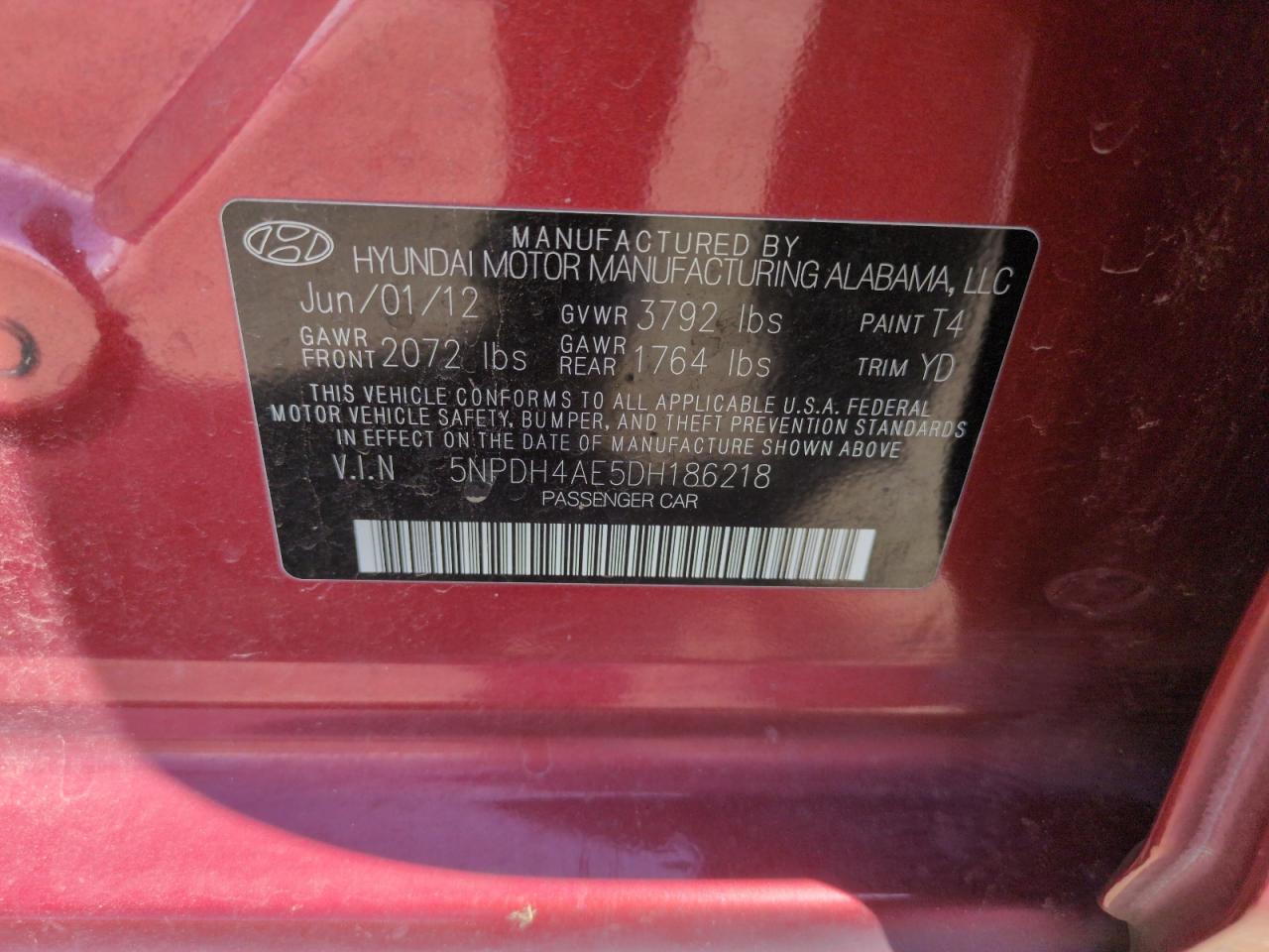 2013 Hyundai Elantra Gls VIN: 5NPDH4AE5DH186218 Lot: 67785685