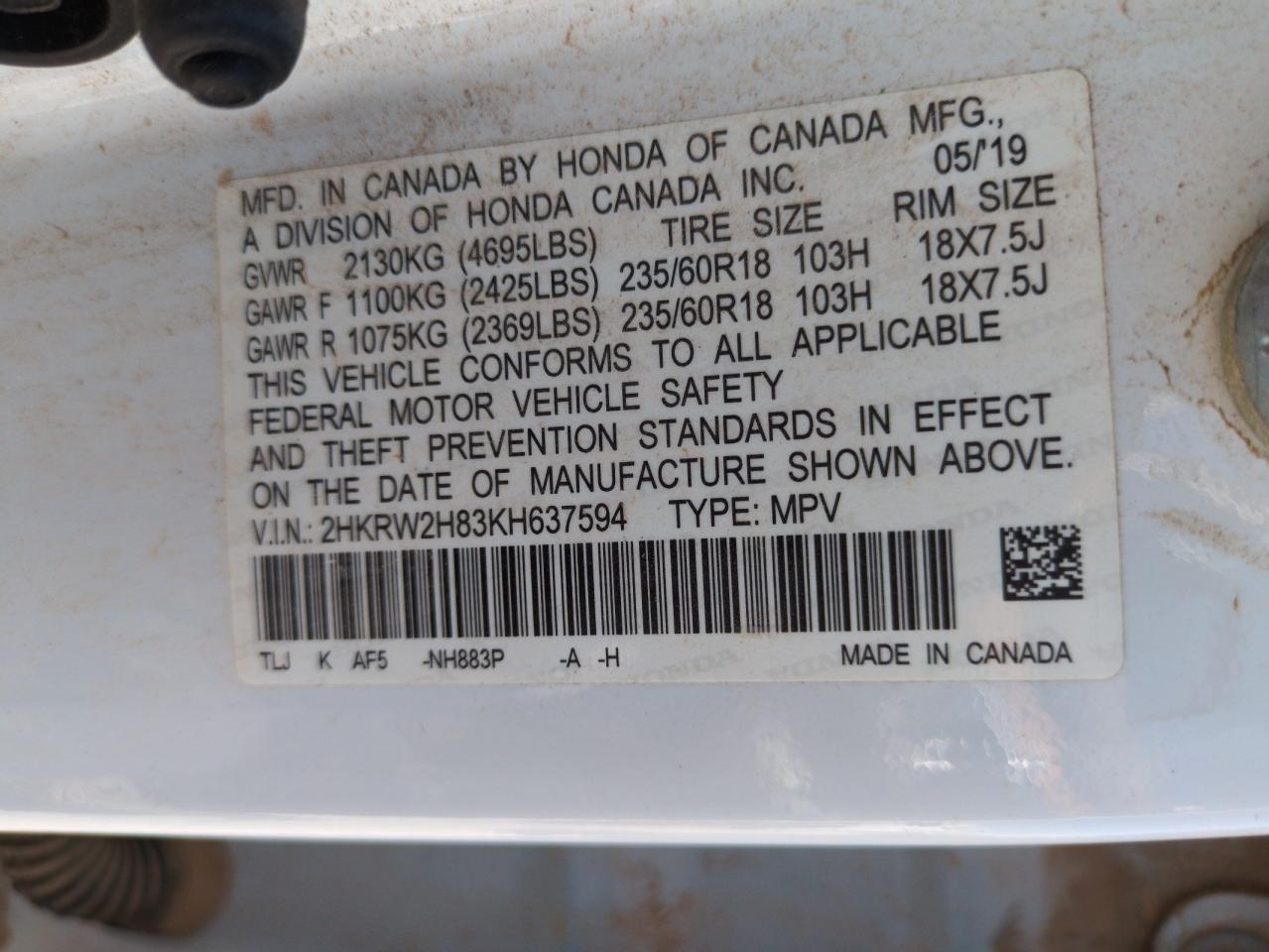2019 Honda Cr-V Exl VIN: 2HKRW2H83KH637594 Lot: 67389885