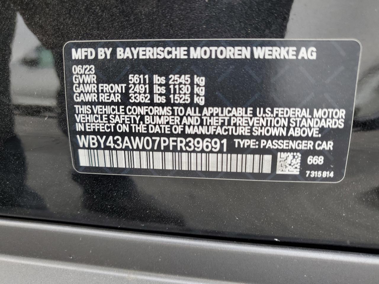 2023 BMW I4 Edrive 35 VIN: WBY43AW07PFR39691 Lot: 70183455