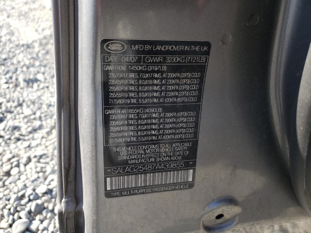 2007 Land Rover Lr3 Hse VIN: SALAG25487A439855 Lot: 69116815