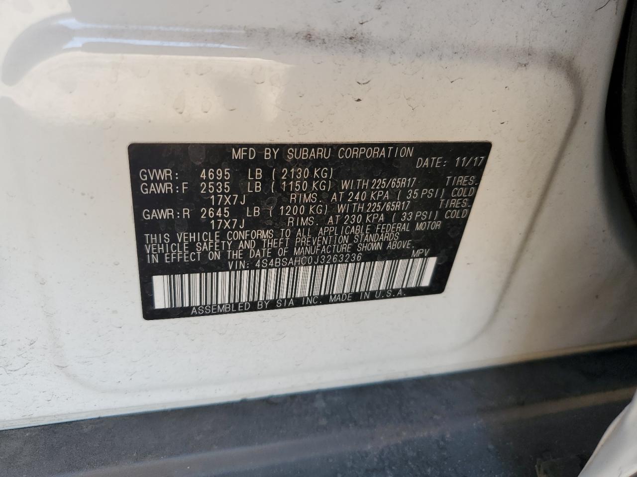 2018 Subaru Outback 2.5I Premium VIN: 4S4BSAHC0J3263236 Lot: 70675345