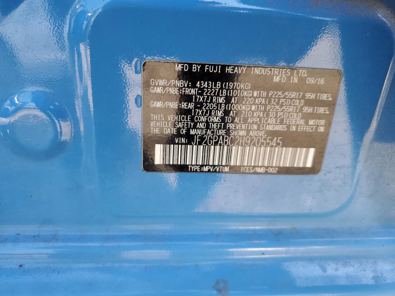 2017 Subaru Crosstrek Premium VIN: JF2GPABC2H9205545 Lot: 69700555