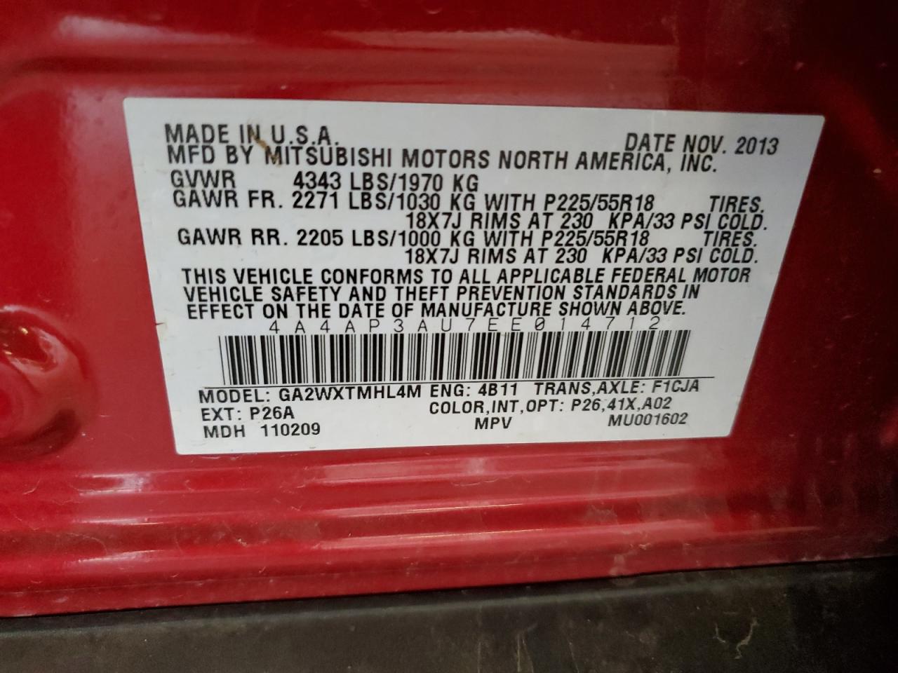2014 Mitsubishi Outlander Sport Es VIN: 4A4AP3AU7EE014712 Lot: 68383285