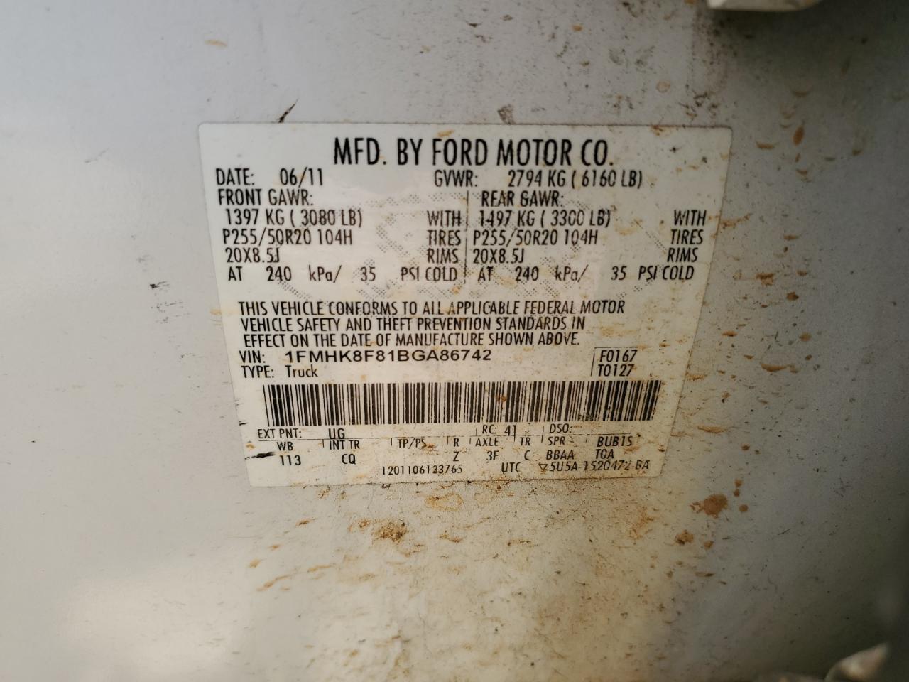 2011 Ford Explorer Limited VIN: 1FMHK8F81BGA86742 Lot: 69076975