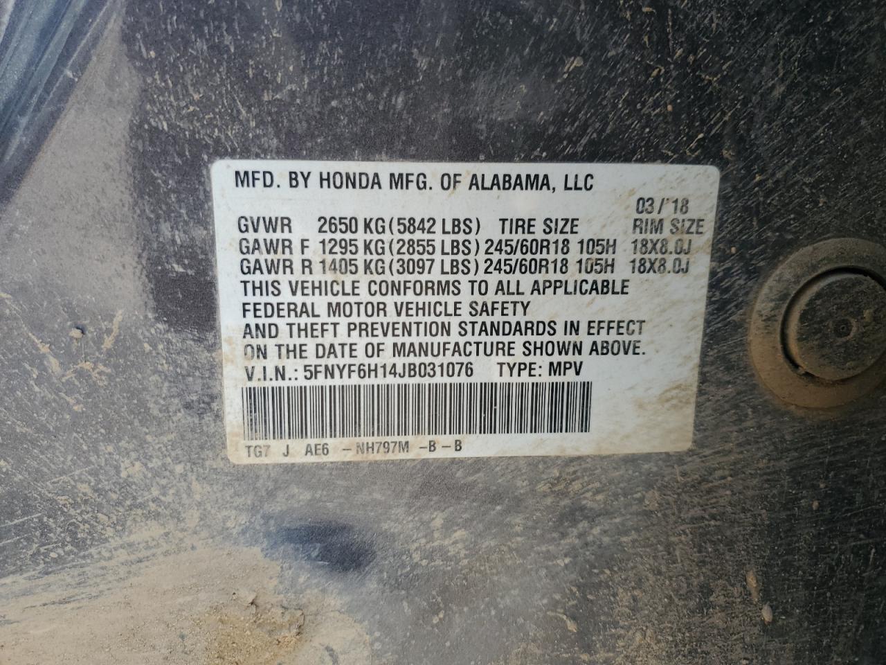 2018 Honda Pilot Lx VIN: 5FNYF6H14JB031076 Lot: 68305285