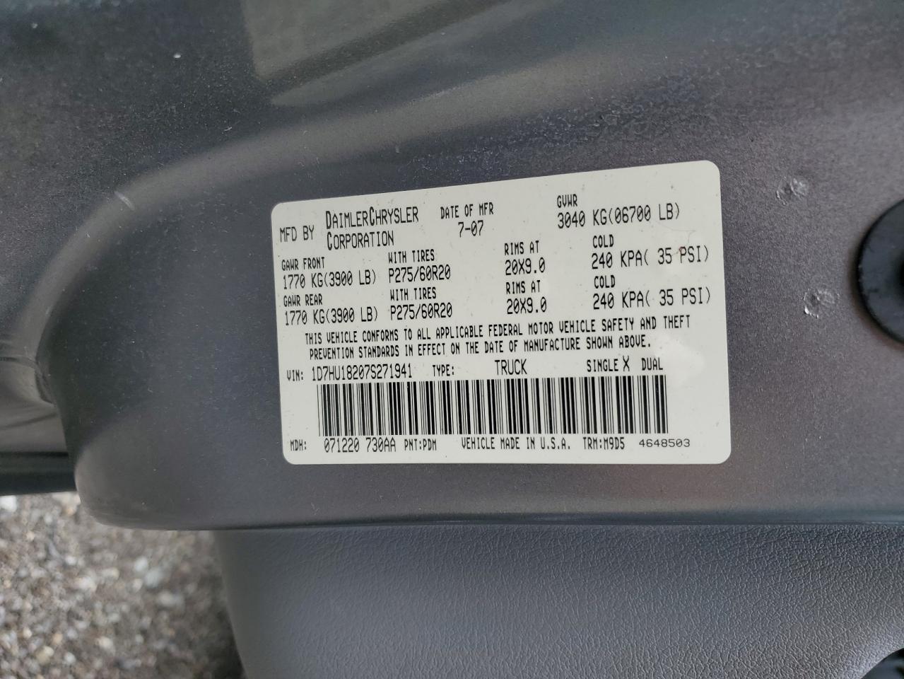 2007 Dodge Ram 1500 St VIN: 1D7HU18207S271941 Lot: 69347315