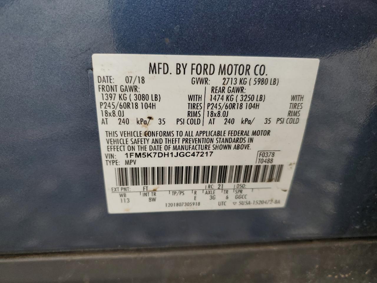 2018 Ford Explorer Xlt VIN: 1FM5K7DH1JGC47217 Lot: 68402695