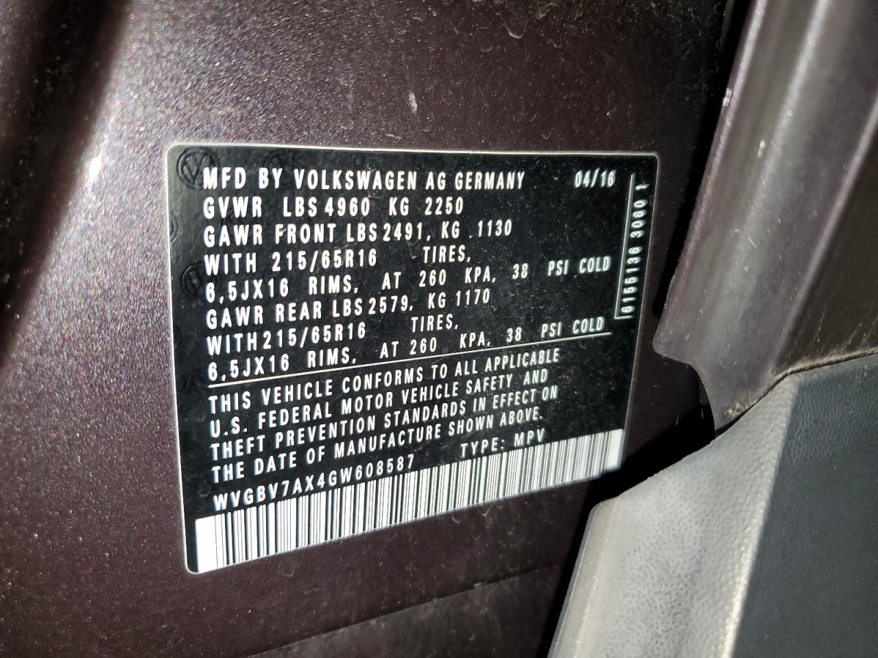 2016 Volkswagen Tiguan S VIN: WVGBV7AX4GW608587 Lot: 69443935