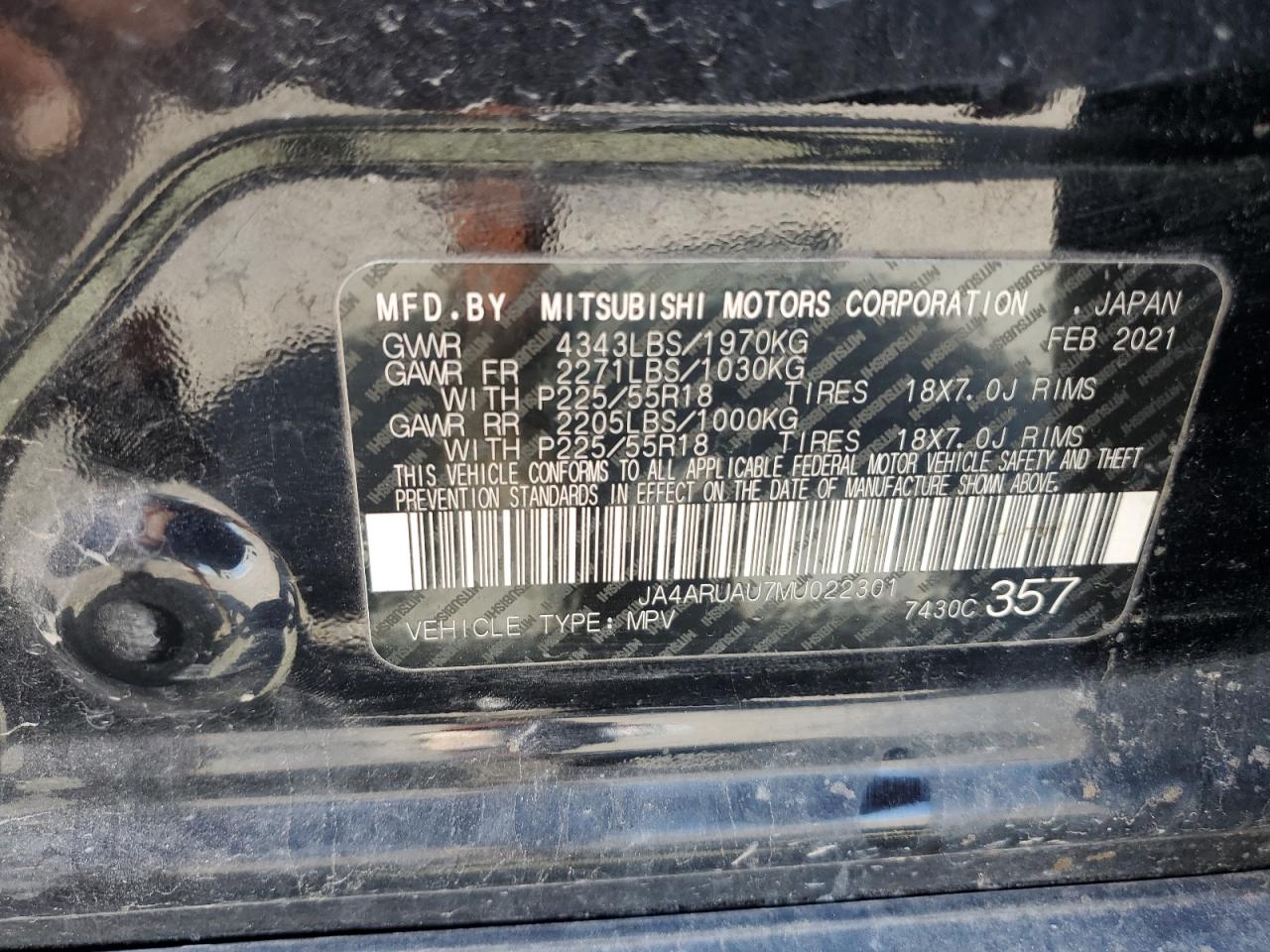 2021 Mitsubishi Outlander Sport Es VIN: JA4ARUAU7MU022301 Lot: 69209505