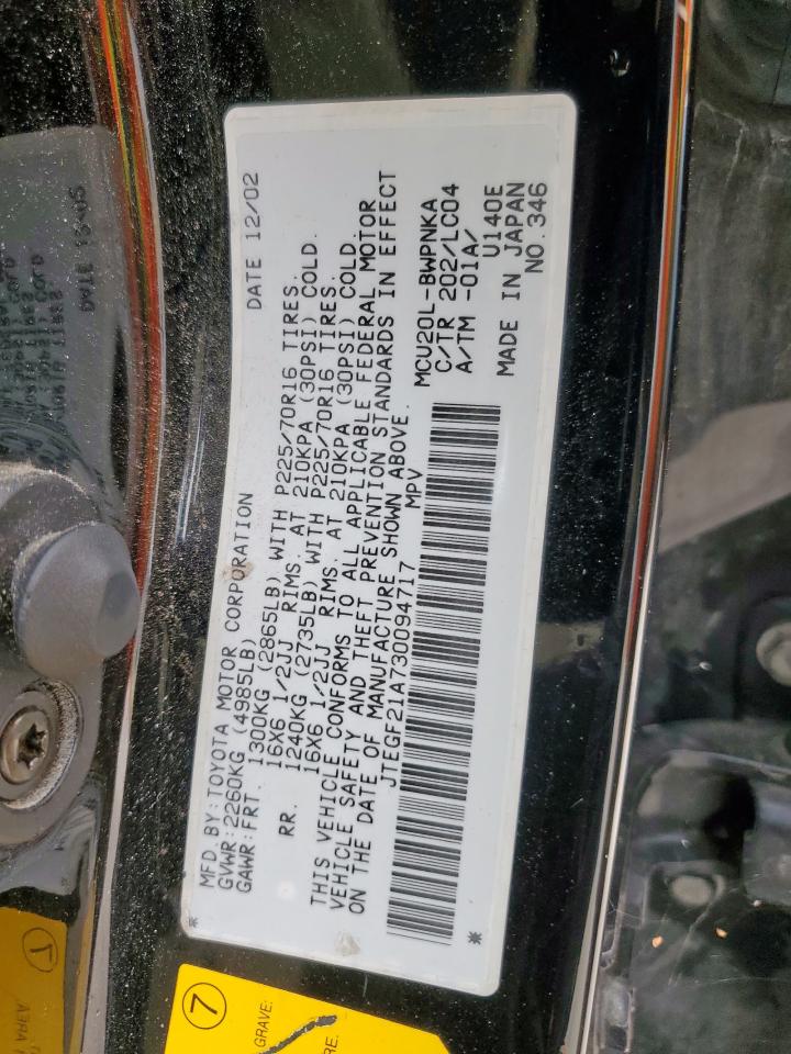 2003 Toyota Highlander Limited VIN: JTEGF21A730094717 Lot: 67230985