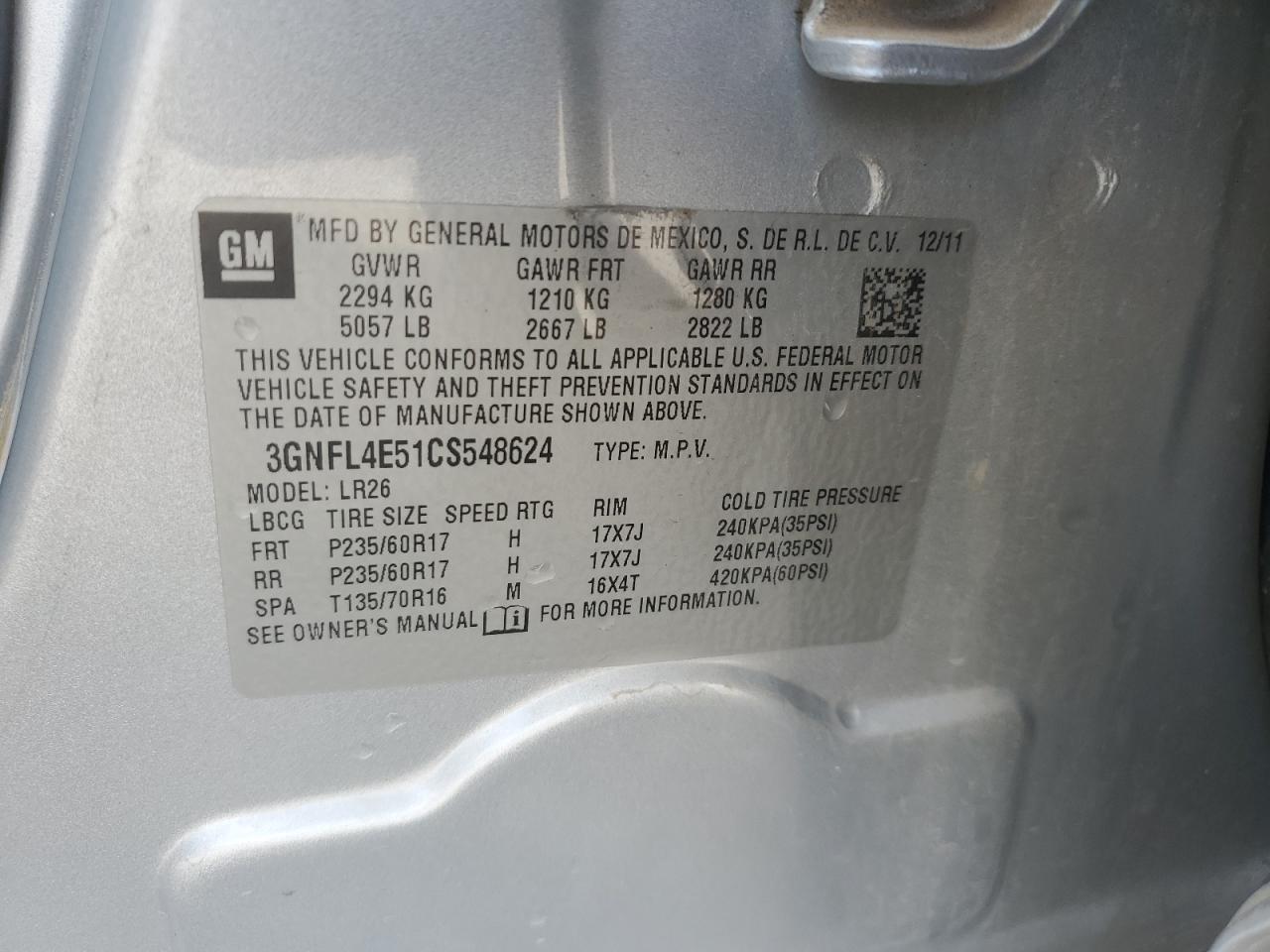 2012 Chevrolet Captiva Sport VIN: 3GNFL4E51CS548624 Lot: 68264965