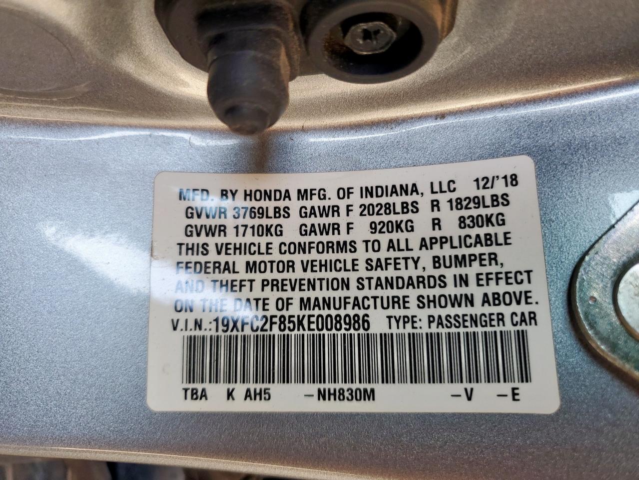 2019 Honda Civic Sport VIN: 19XFC2F85KE008986 Lot: 68740695