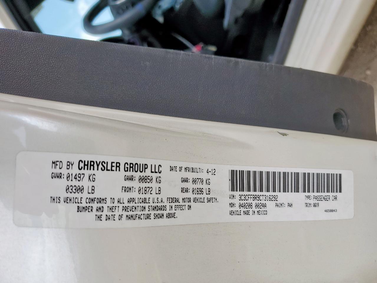 2012 Fiat 500 Sport VIN: 3C3CFFBR9CT316292 Lot: 70337835