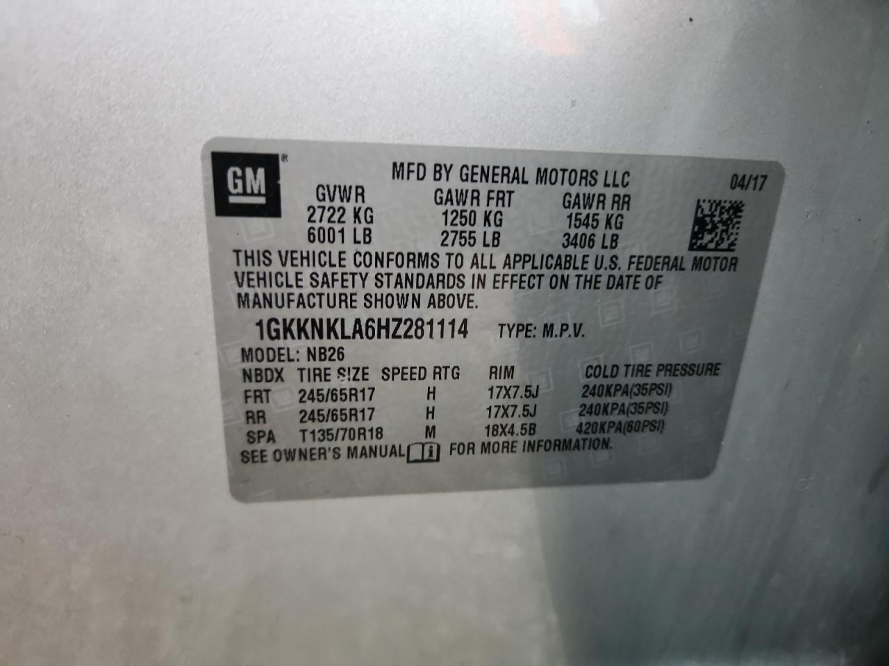 2017 GMC Acadia Sle VIN: 1GKKNKLA6HZ281114 Lot: 69359265