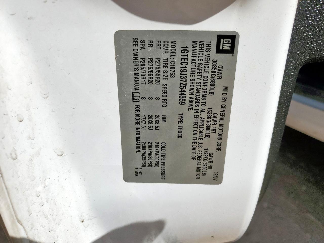 2007 GMC New Sierra C1500 VIN: 1GTEC19J37Z544559 Lot: 69652725