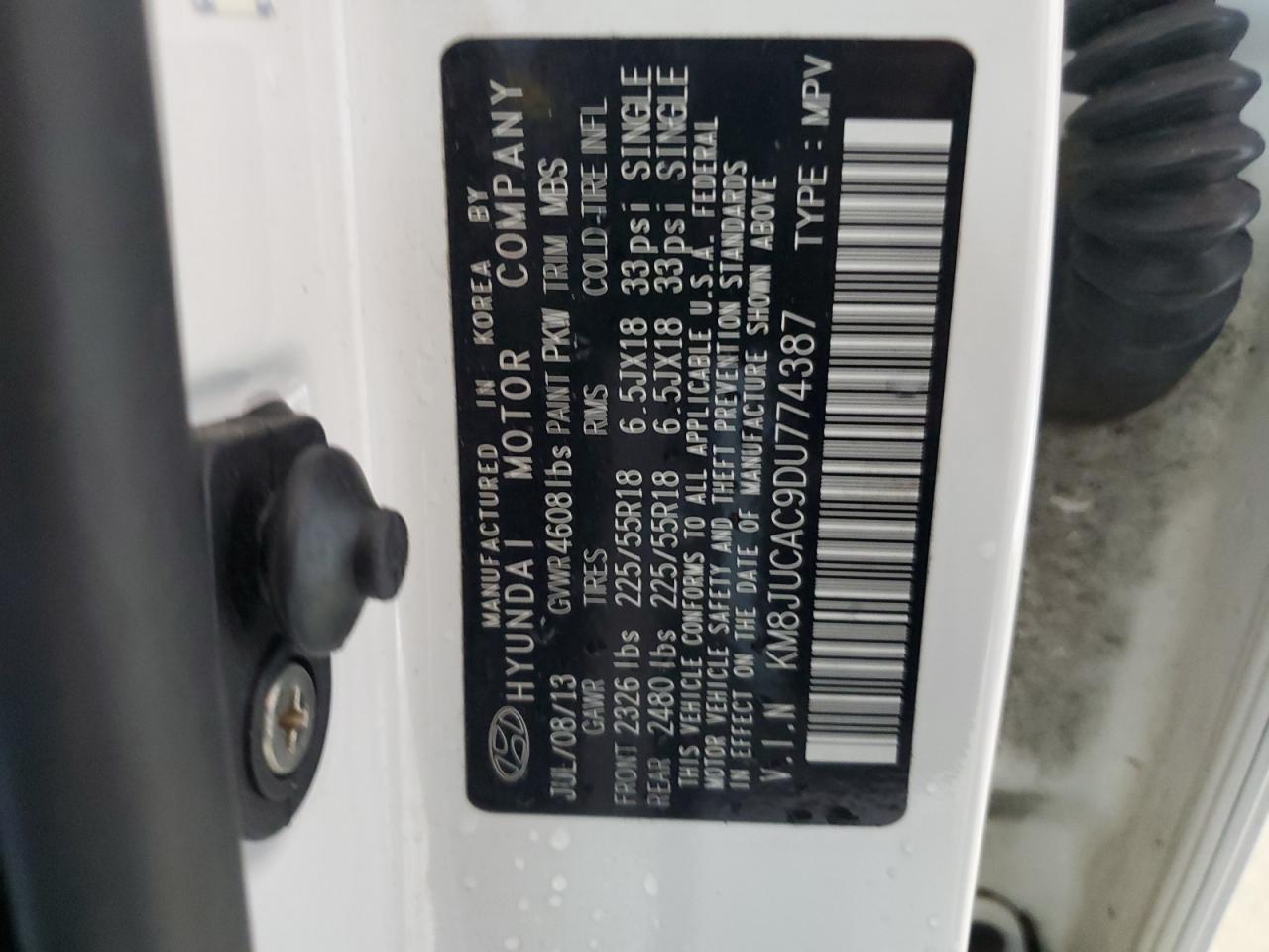 2013 Hyundai Tucson Gls VIN: KM8JUCAC9DU774387 Lot: 67417185