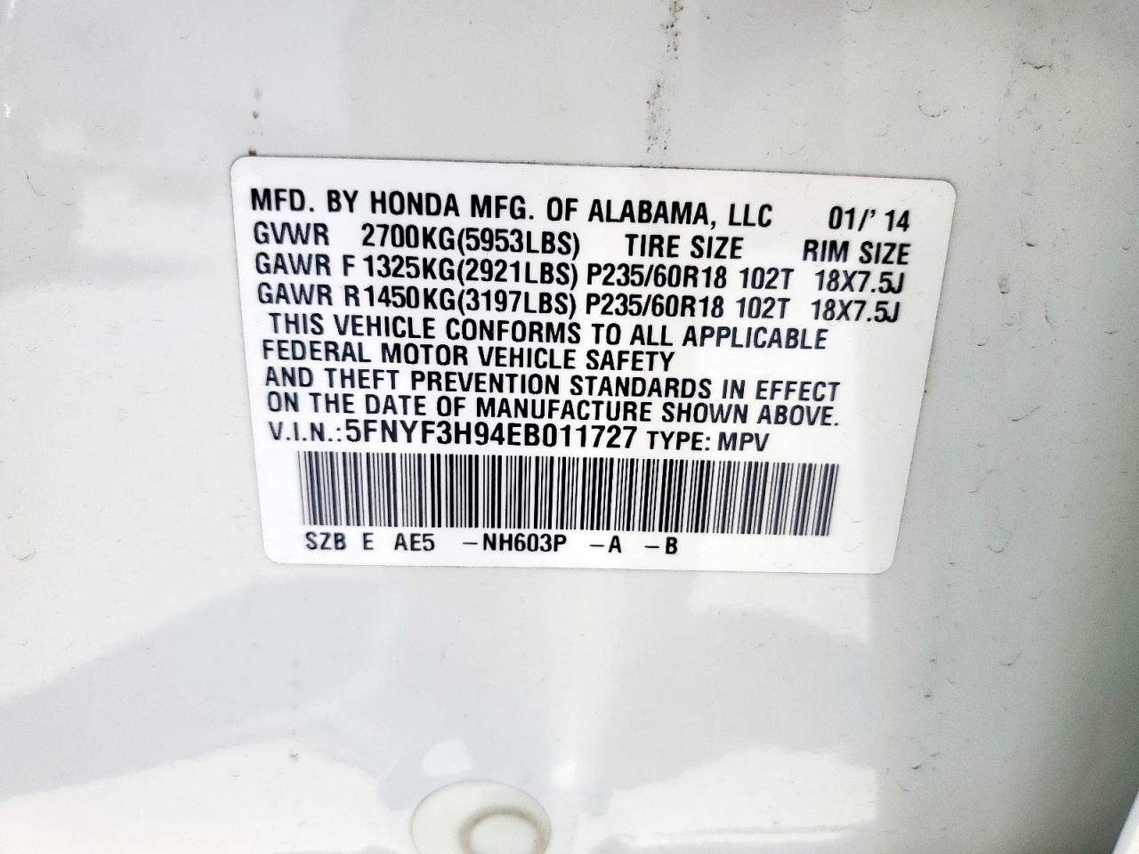 2014 Honda Pilot Touring VIN: 5FNYF3H94EB011727 Lot: 67771195