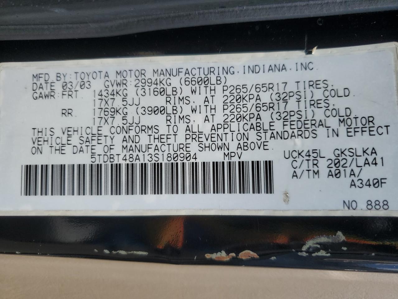 2003 Toyota Sequoia Limited VIN: 5TDBT48A13S180904 Lot: 70429275