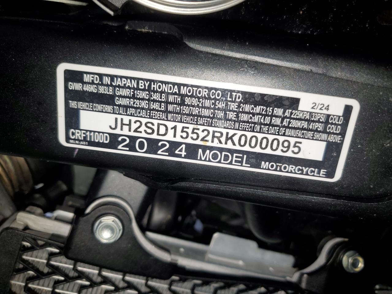 2024 Honda Crf1000 D VIN: JH2SD1552RK000095 Lot: 67112095