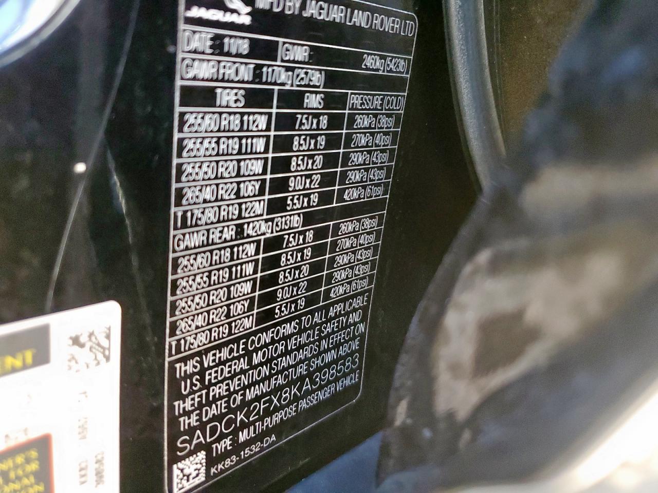 2019 Jaguar F-Pace Prestige VIN: SADCK2FX8KA398583 Lot: 68264225