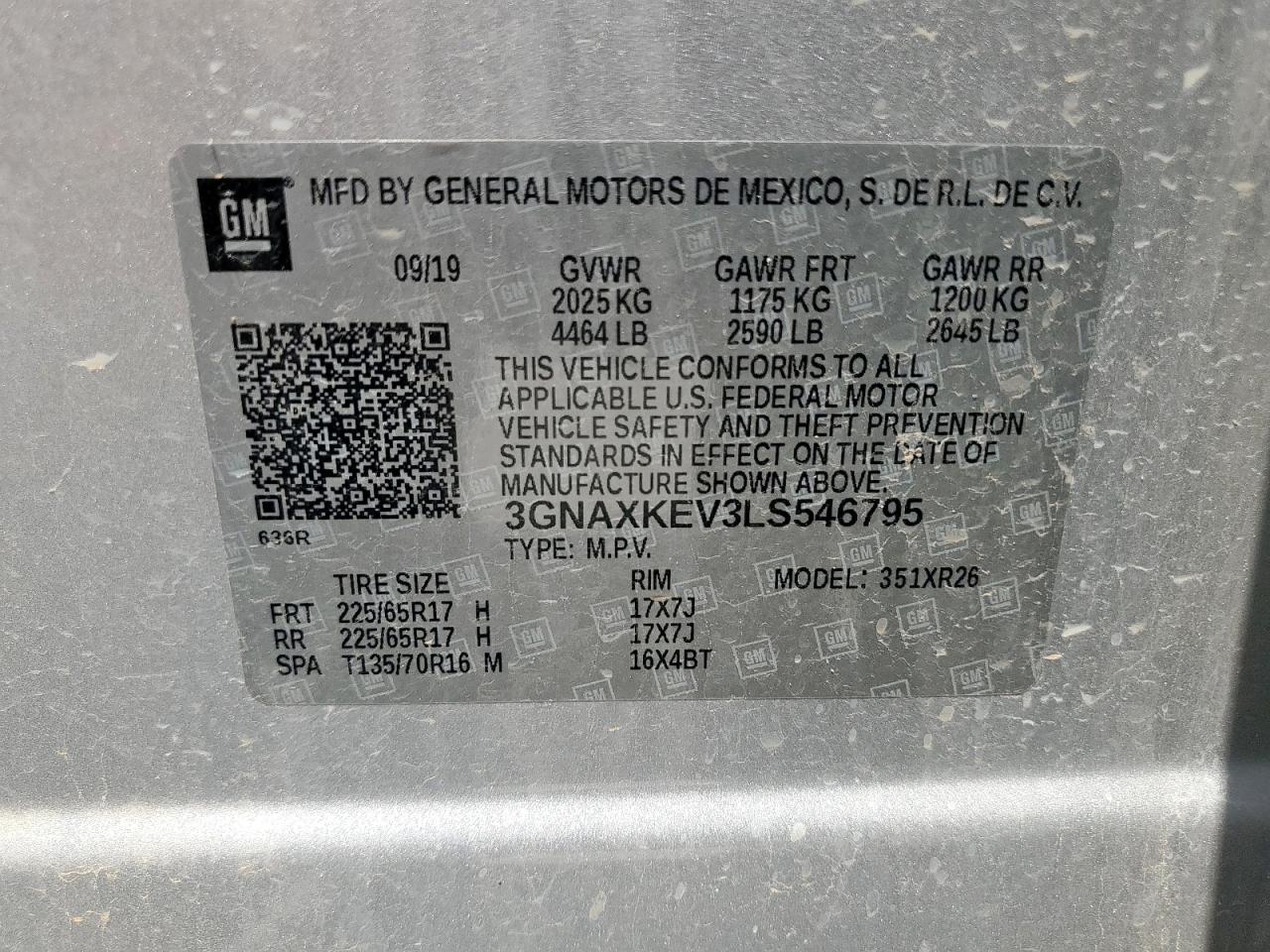 2020 Chevrolet Equinox Lt VIN: 3GNAXKEV3LS546795 Lot: 69629925