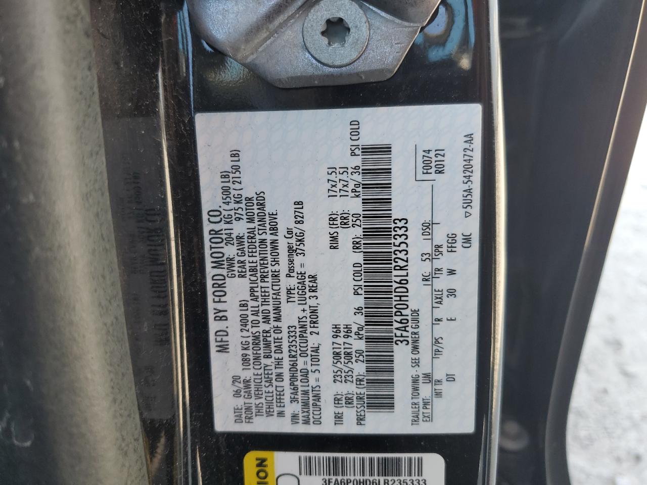 2020 Ford Fusion Se VIN: 3FA6P0HD6LR235333 Lot: 68750385