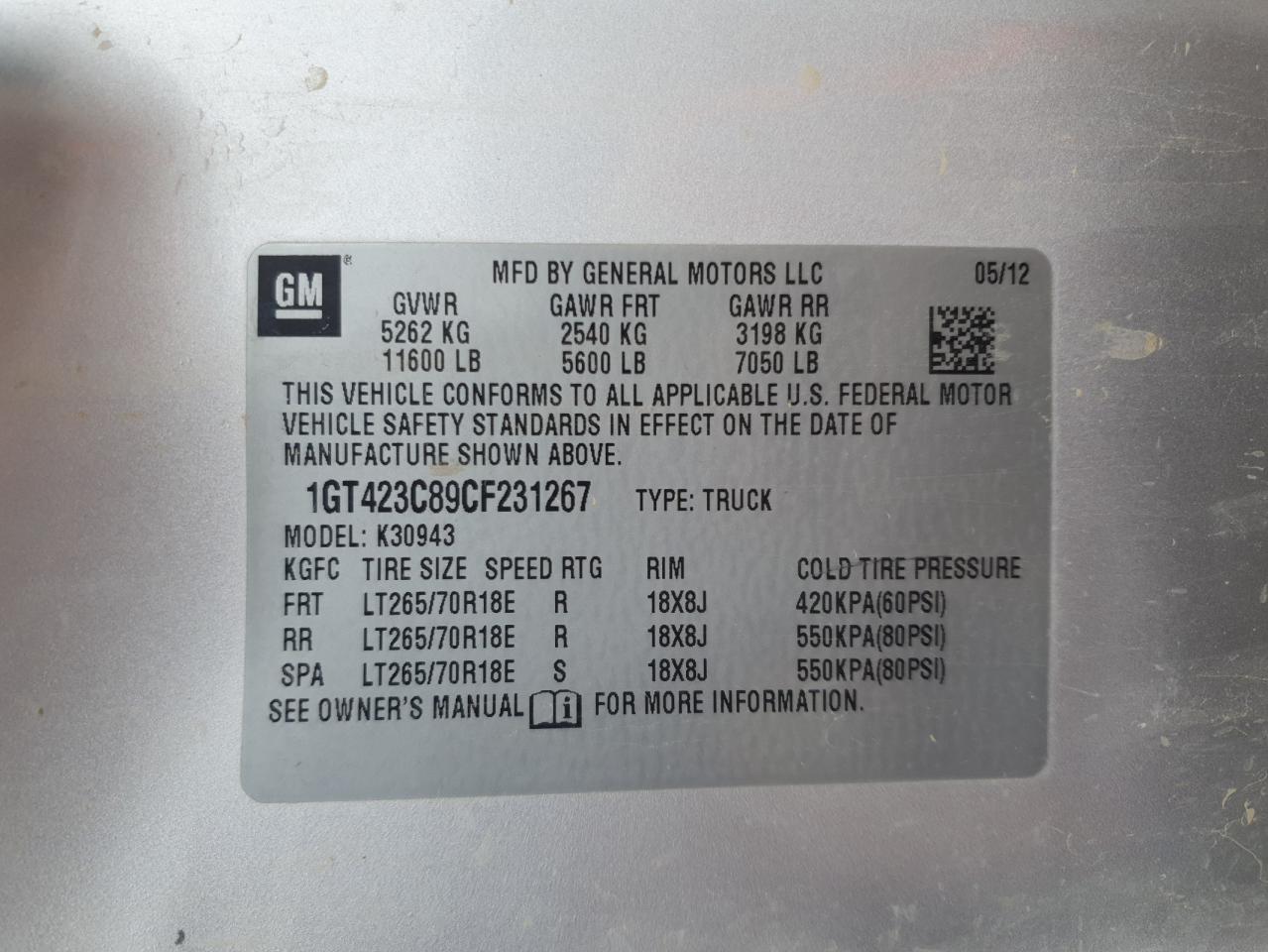2012 GMC Sierra K3500 Sle VIN: 1GT423C89CF231267 Lot: 70217855