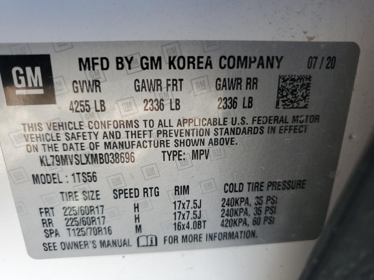 2021 Chevrolet Trailblazer Activ VIN: KL79MVSLXMB038696 Lot: 68108445
