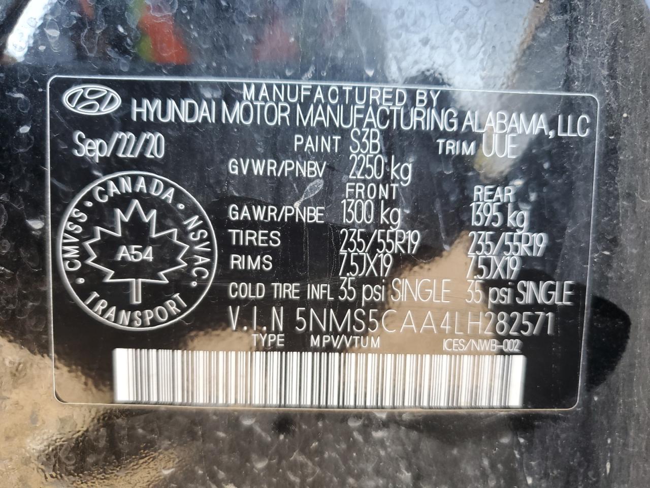 2020 Hyundai Santa Fe Limited VIN: 5NMS5CAA4LH282571 Lot: 70375095