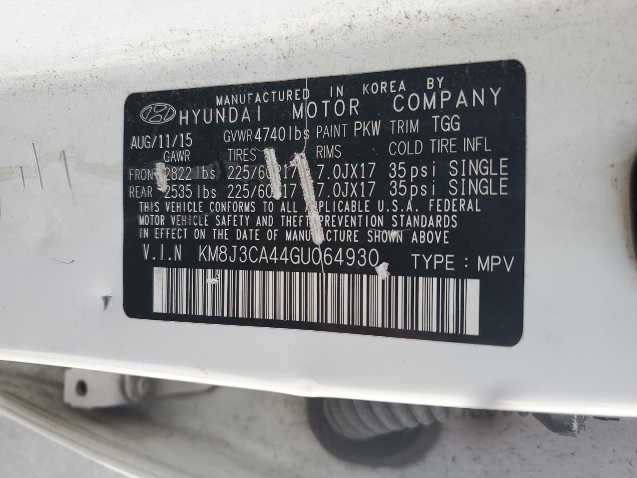 2016 Hyundai Tucson Limited VIN: KM8J3CA44GU064930 Lot: 68509815