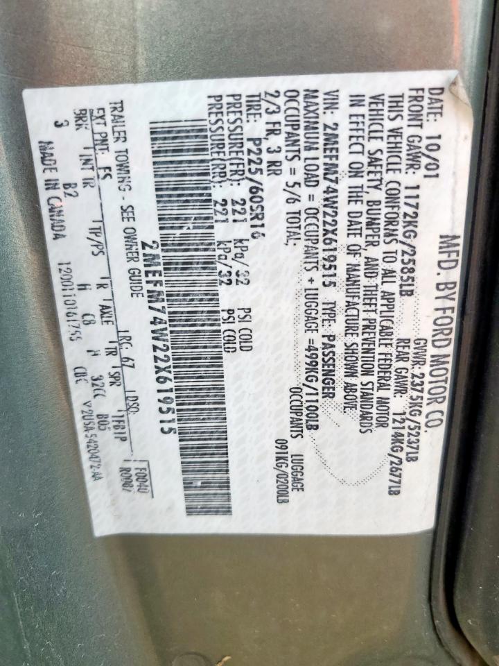 2002 Mercury Grand Marquis Gs VIN: 2MEFM74W22X619515 Lot: 68361365