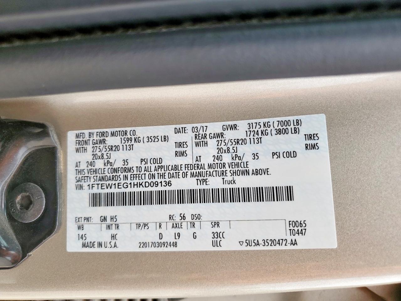 2017 Ford F150 Supercrew VIN: 1FTEW1EG1HKD09136 Lot: 69126295