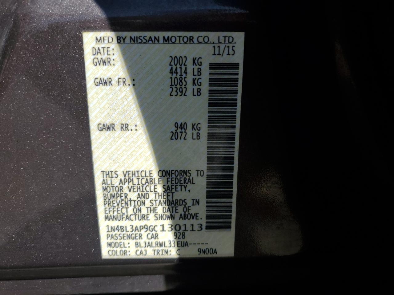 2016 Nissan Altima 3.5Sl VIN: 1N4BL3AP9GC130113 Lot: 69321595