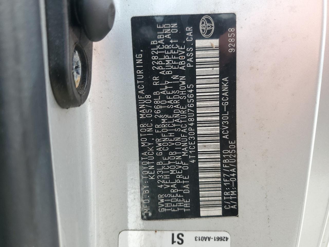 2008 Toyota Camry Solara Se VIN: 4T1CE30P48U765645 Lot: 70605045