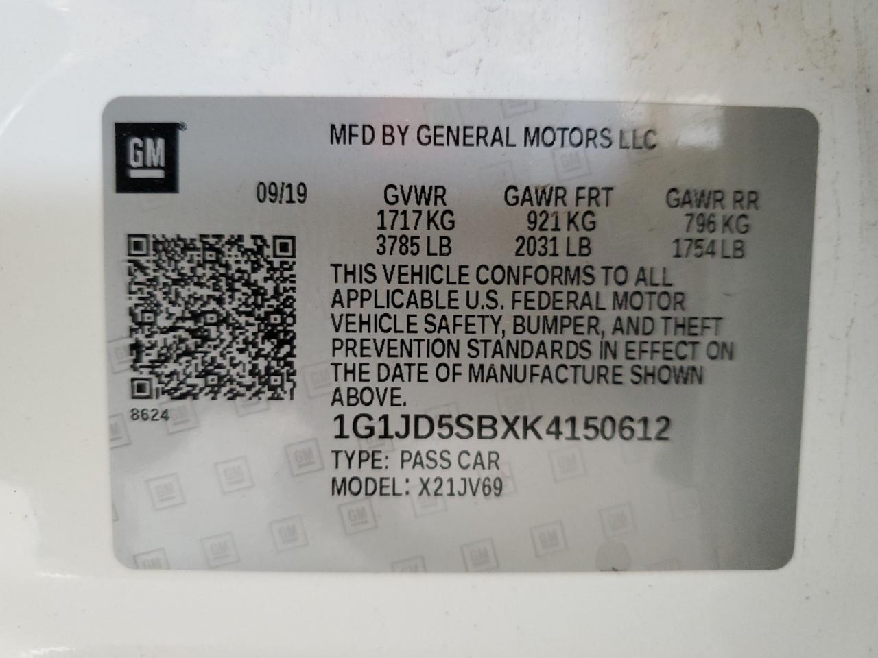 2019 Chevrolet Sonic Lt VIN: 1G1JD5SBXK4150612 Lot: 70061555