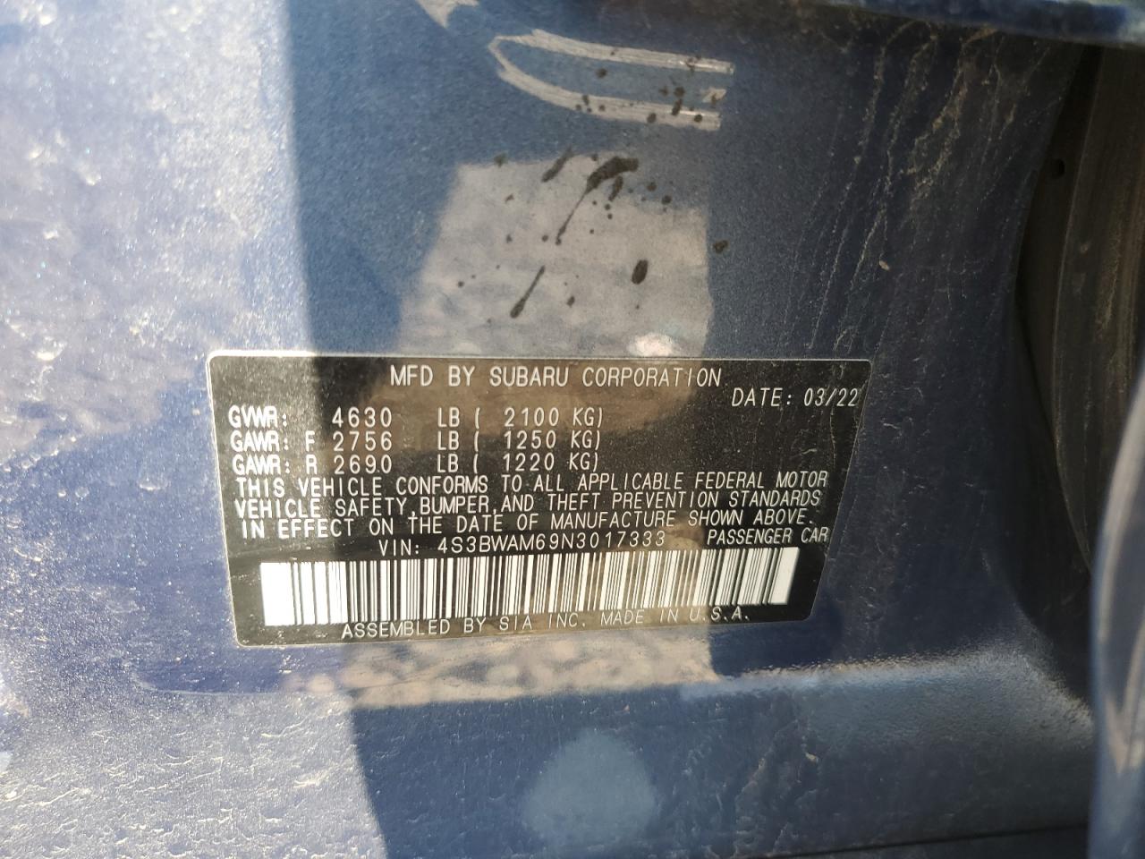 2022 Subaru Legacy Limited VIN: 4S3BWAM69N3017333 Lot: 67905315