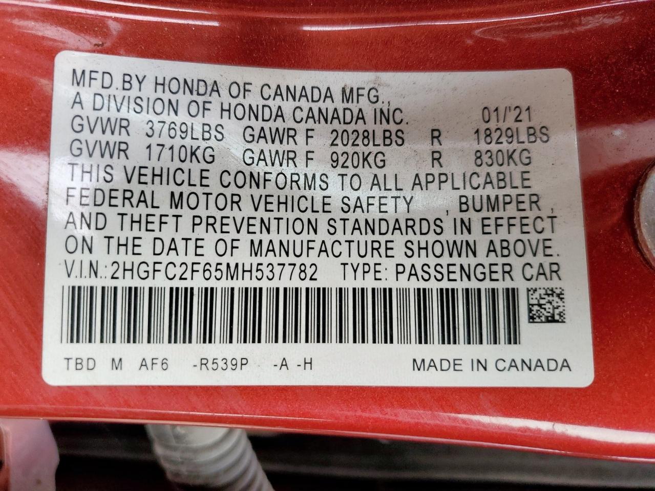 2021 Honda Civic Lx VIN: 2HGFC2F65MH537782 Lot: 70464005