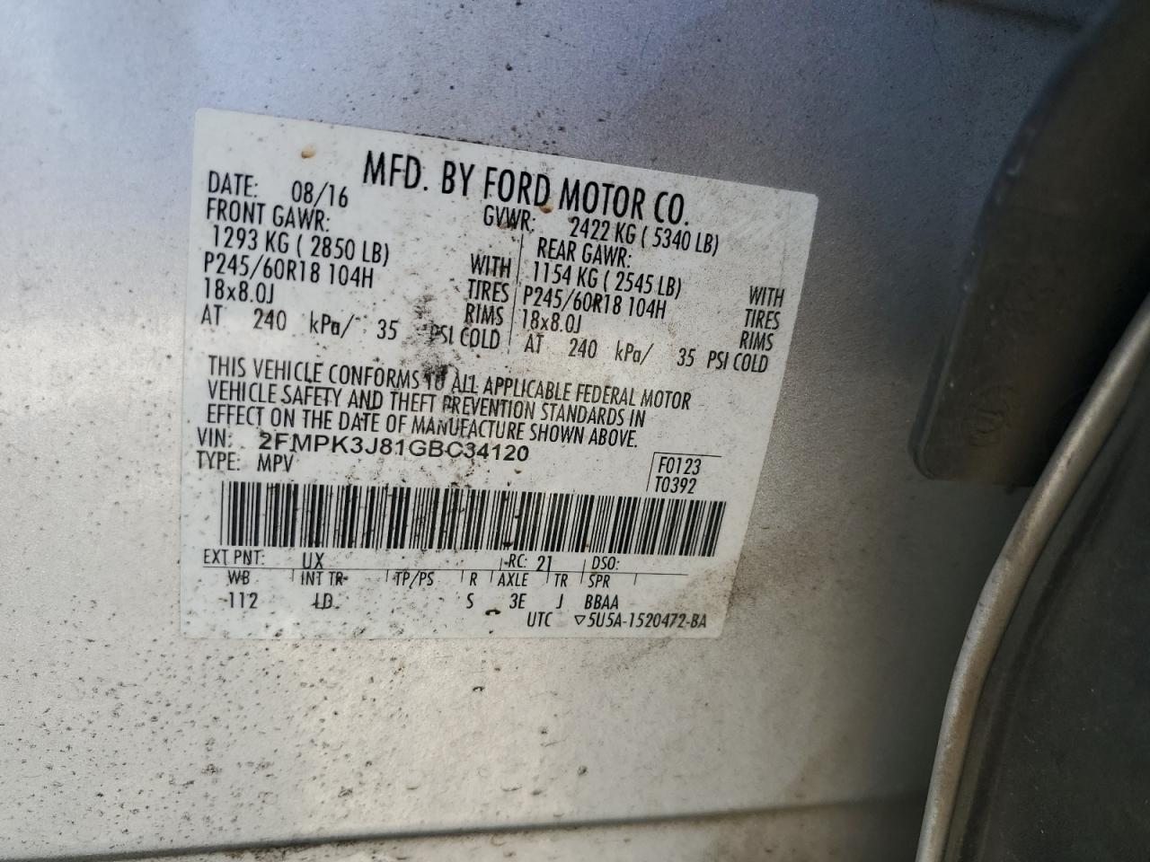 2016 Ford Edge Sel VIN: 2FMPK3J81GBC34120 Lot: 70429335