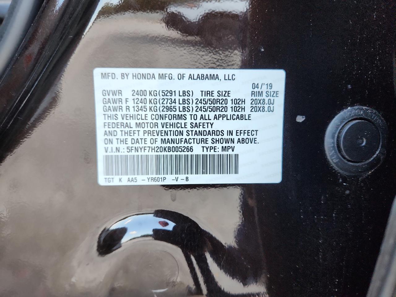 2019 Honda Passport Sport VIN: 5FNYF7H20KB005266 Lot: 68848925