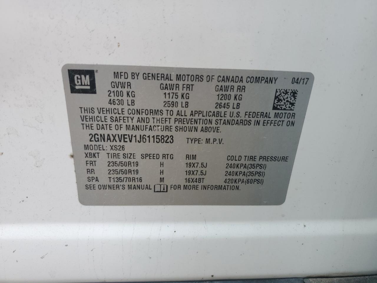2018 Chevrolet Equinox Premier VIN: 2GNAXVEV1J6115823 Lot: 69094645
