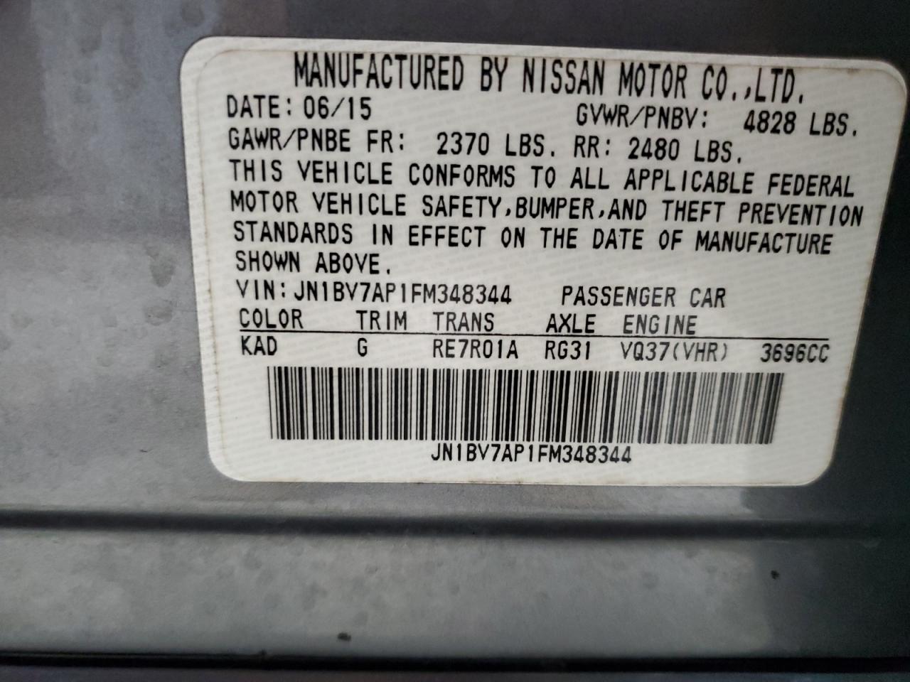 2015 Infiniti Q50 Premium VIN: JN1BV7AP1FM348344 Lot: 43372961