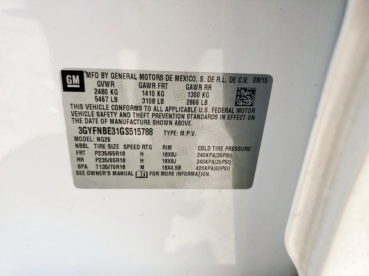 2016 Cadillac Srx Luxury Collection VIN: 3GYFNBE31GS515788 Lot: 68898295