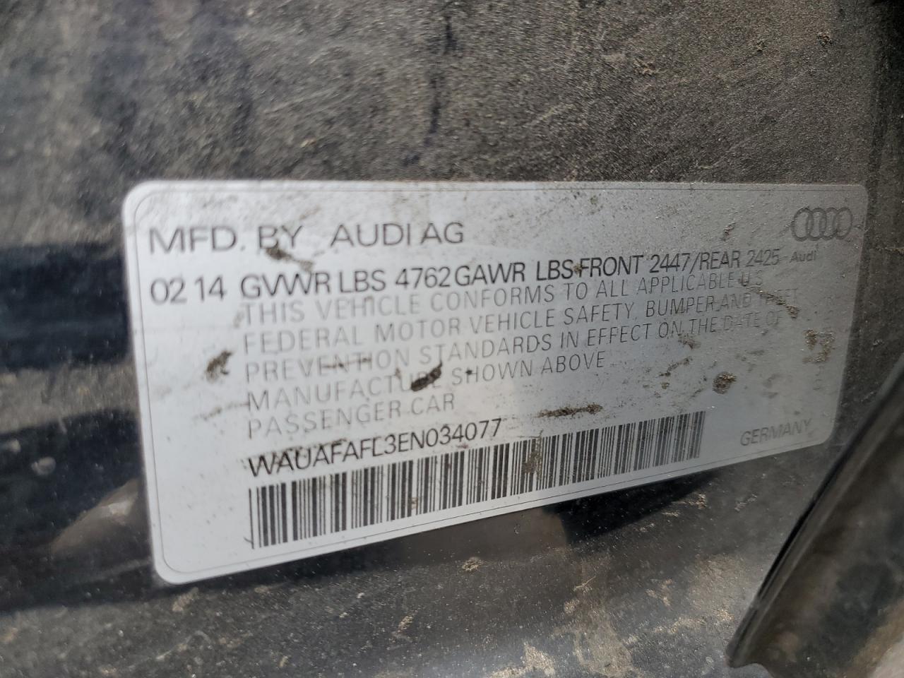 2014 Audi A4 Premium VIN: WAUAFAFL3EN034077 Lot: 68397905