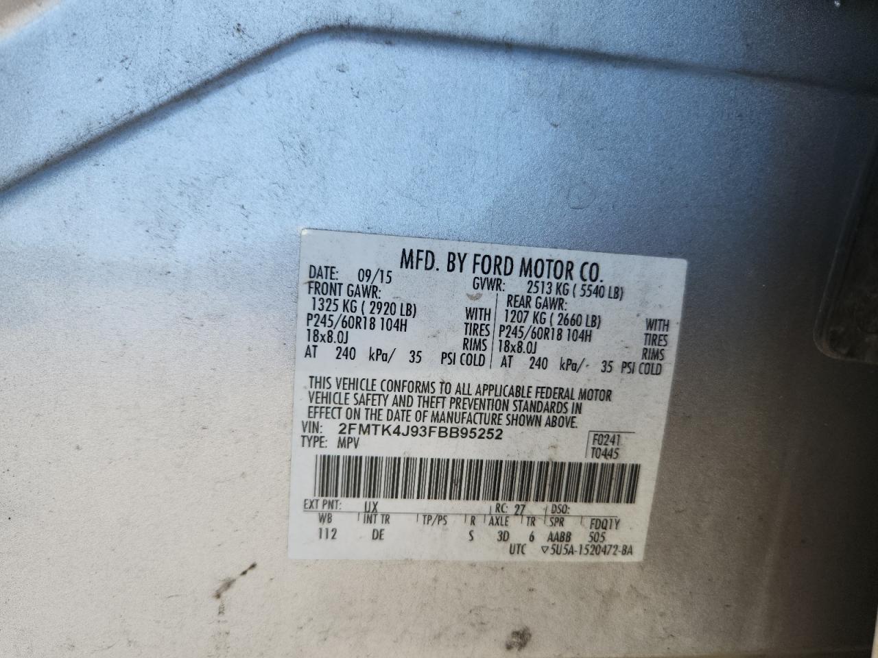 2015 Ford Edge Sel VIN: 2FMTK4J93FBB95252 Lot: 68813795