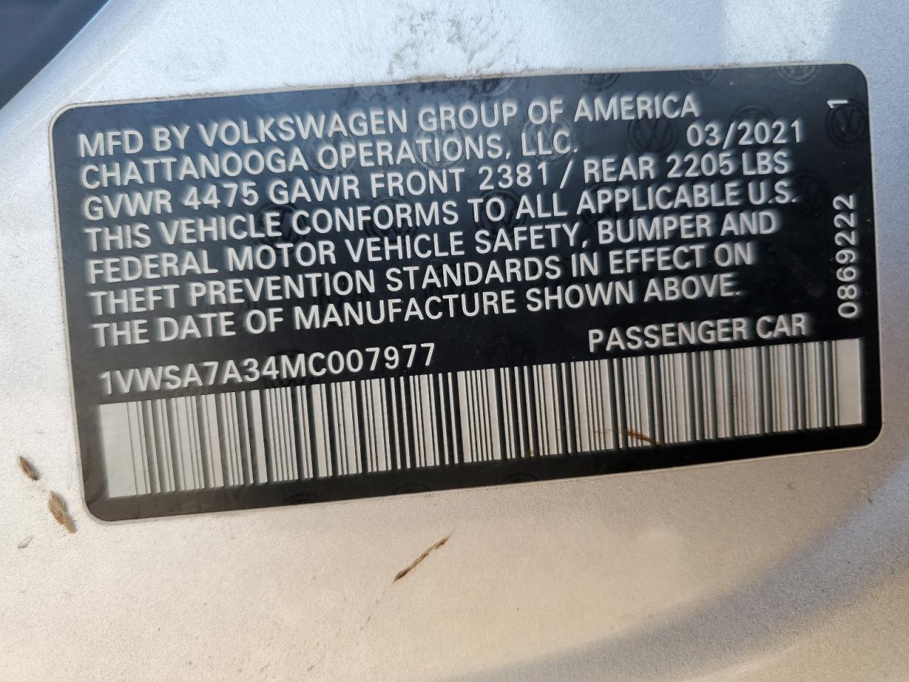 2021 Volkswagen Passat Se VIN: 1VWSA7A34MC007977 Lot: 68496595