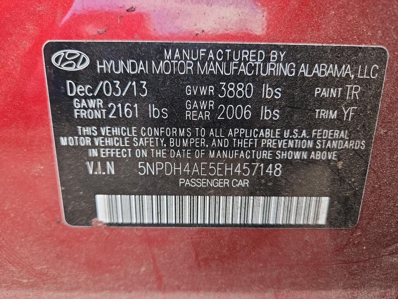 2014 Hyundai Elantra Se VIN: 5NPDH4AE5EH457148 Lot: 70719765