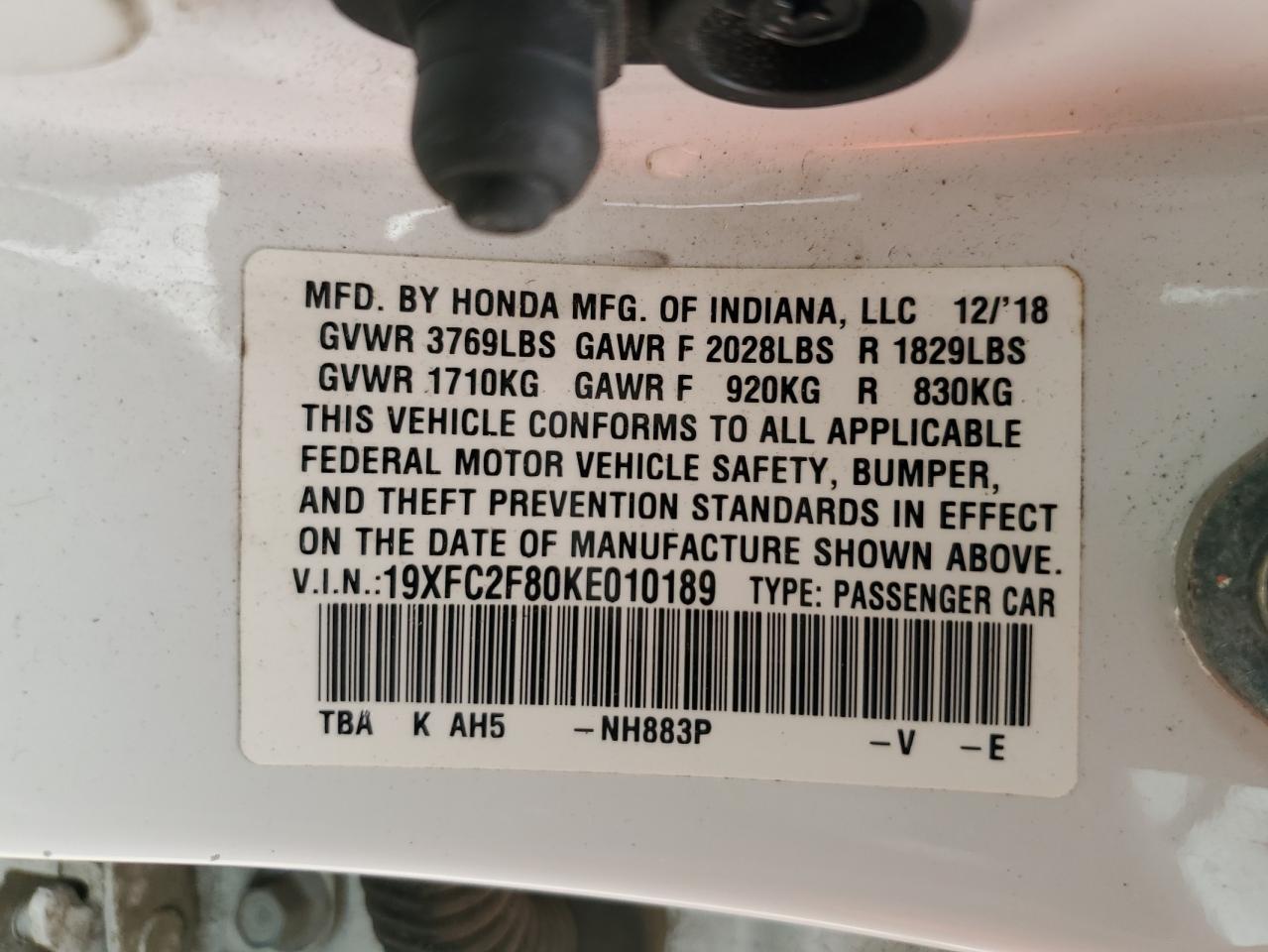 2019 Honda Civic Sport VIN: 19XFC2F80KE010189 Lot: 69739235