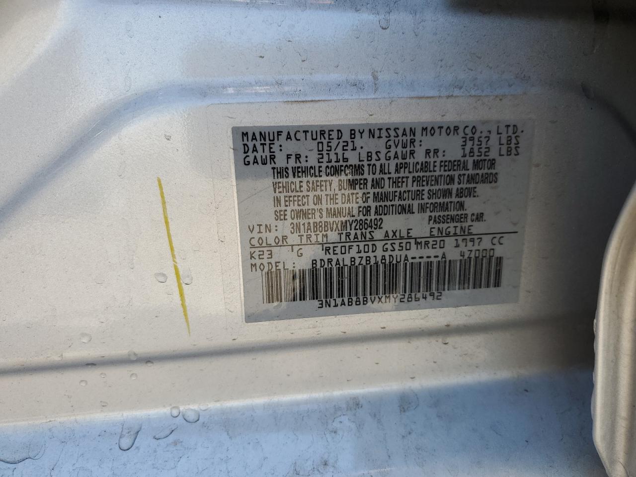 2021 Nissan Sentra S VIN: 3N1AB8BVXMY286492 Lot: 67652695